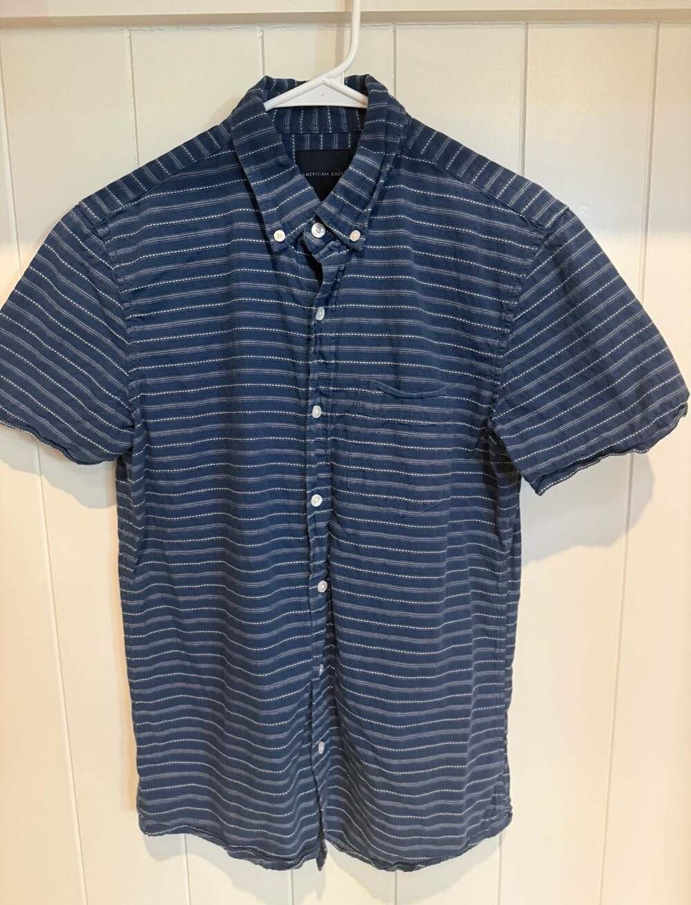 American Eagle Button-Down Short Sleeve Textured Striped Shirt